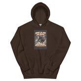 Dark brown pullover hoodie with front graphic print and kangaroo pocket