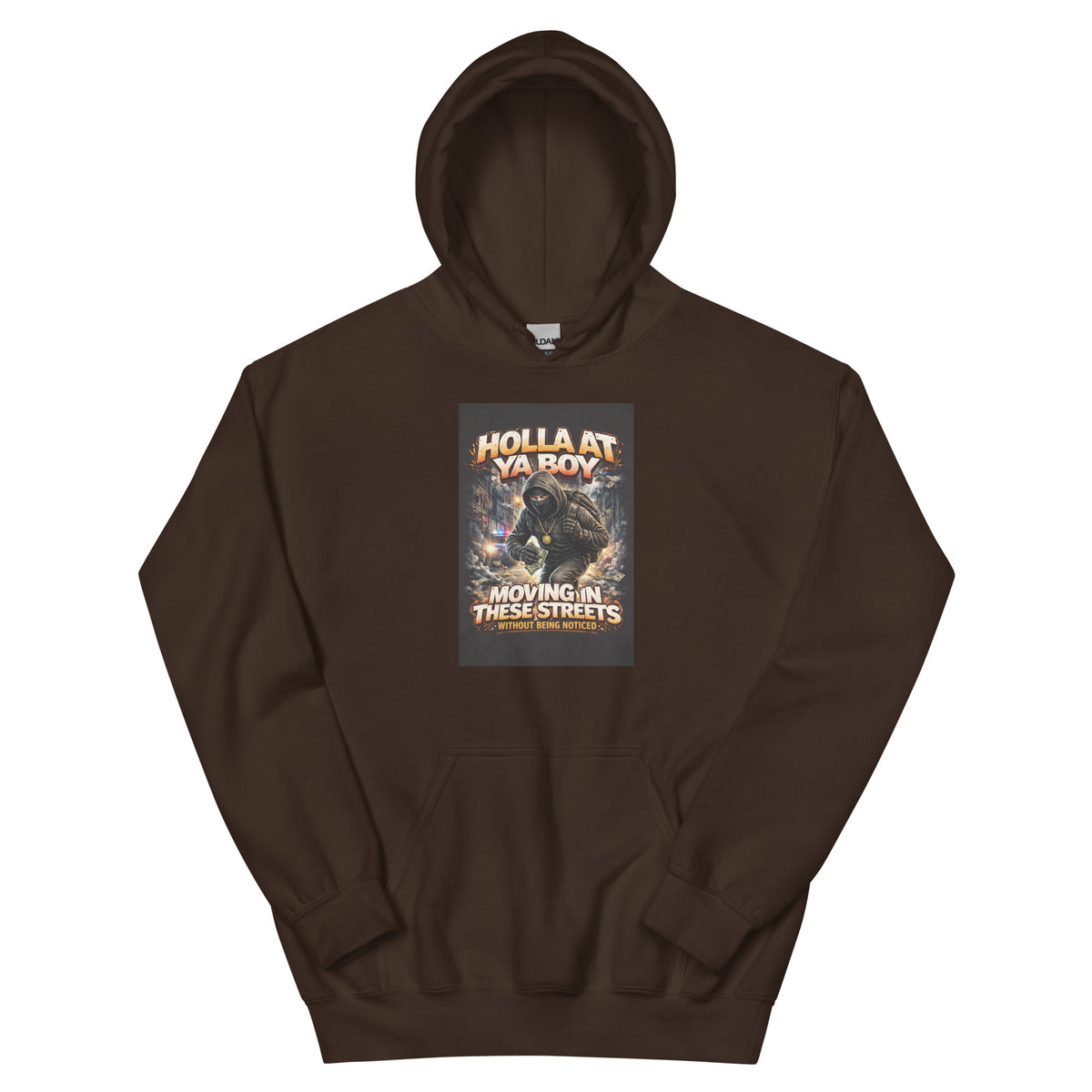 Dark brown pullover hoodie with front graphic print and kangaroo pocket