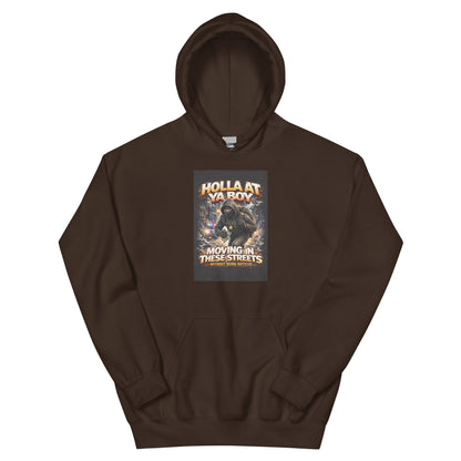 Dark brown pullover hoodie with front graphic print and kangaroo pocket