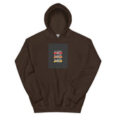 Dark brown pullover hoodie with front square logo graphic and hood drawstring.