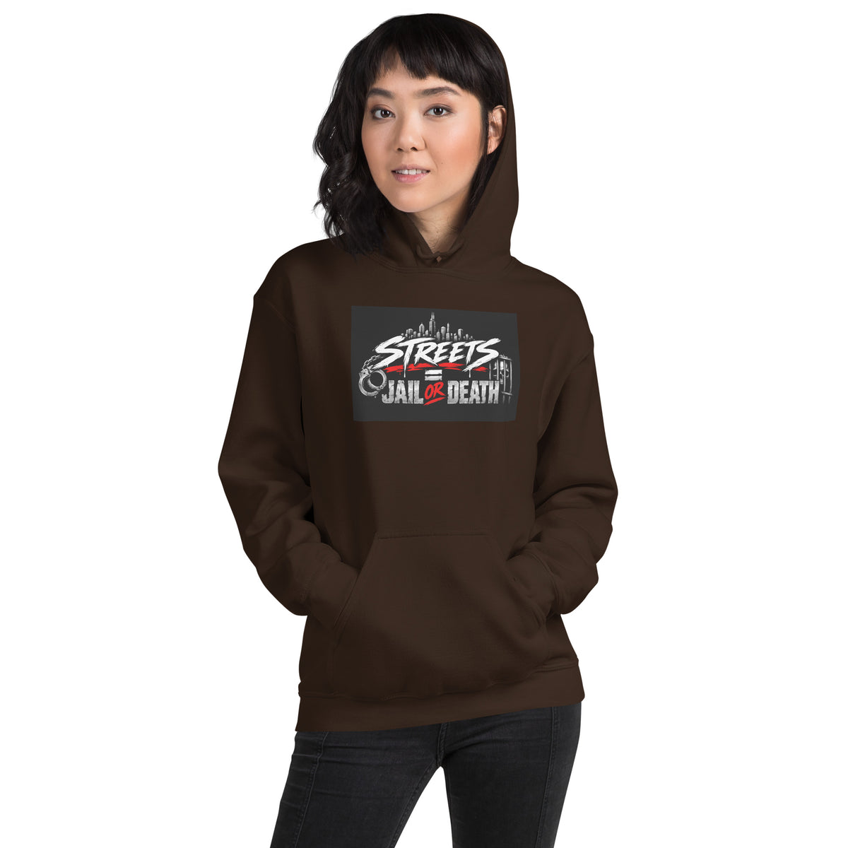 Dark brown unisex hoodie with hood, kangaroo pocket, and graphic chest print