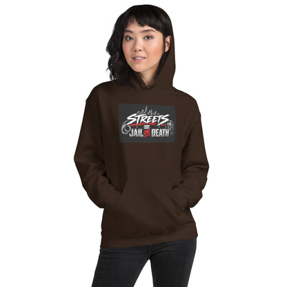Dark brown unisex hoodie with hood, kangaroo pocket, and graphic chest print