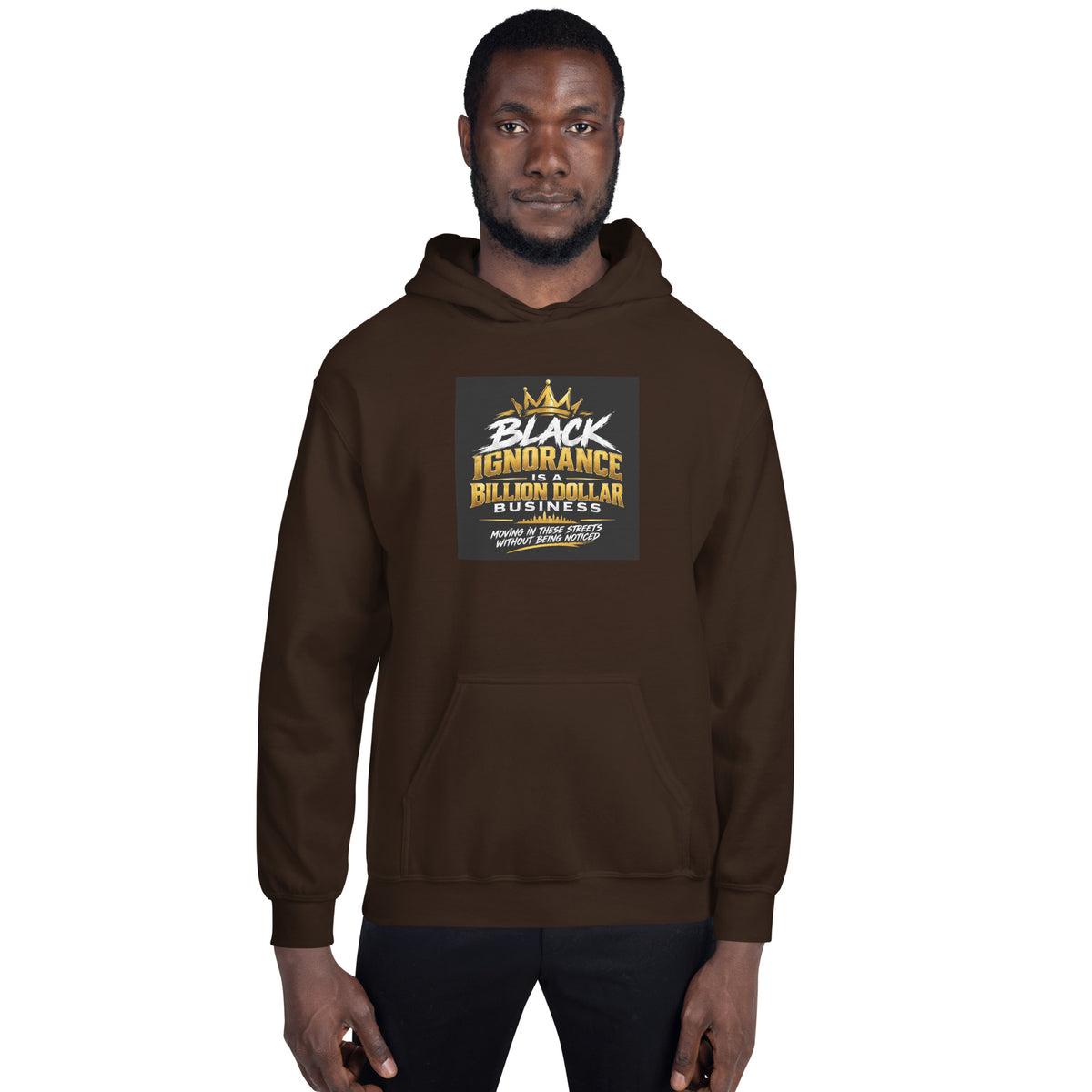 Dark brown unisex hoodie with hood, drawstrings, kangaroo pocket, and front graphic patch.