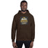 Dark brown unisex hoodie with hood, drawstrings, kangaroo pocket, and front graphic patch.