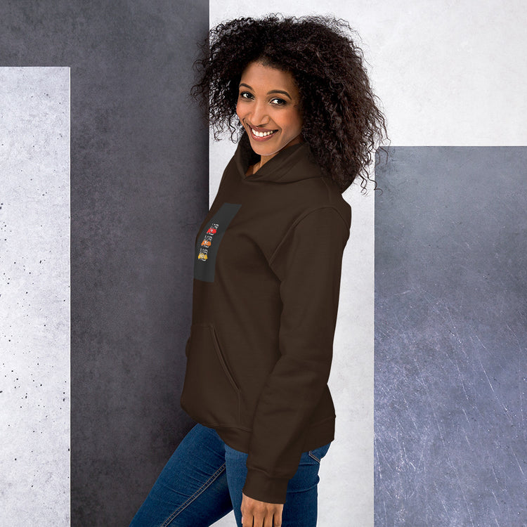 Unisex dark brown pullover hoodie with hood, kangaroo pocket, and front graphic patch (side view)