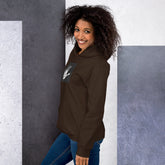 Unisex pullover hoodie, dark maroon, side view, with hood and front pocket