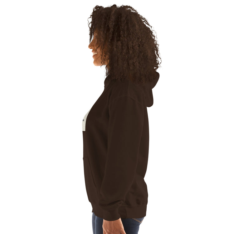 Dark hoodie with front kangaroo pocket and drawstring hood, unisex streetwear fit