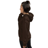 Dark chocolate unisex hoodie, hood up, front pocket, white drawstrings