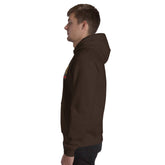 Dark chocolate unisex hoodie with hood, kangaroo pocket, and sleeve graphic