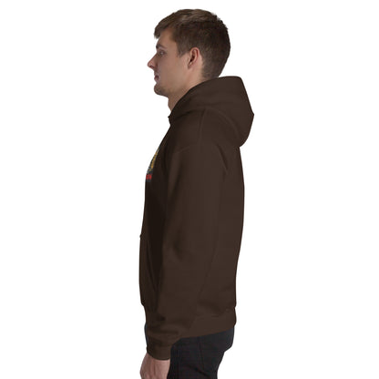 Dark chocolate unisex hoodie with hood, kangaroo pocket, and sleeve graphic