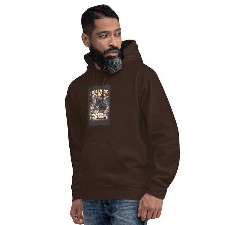 Unisex dark chocolate hoodie with hood and front graphic print, side view