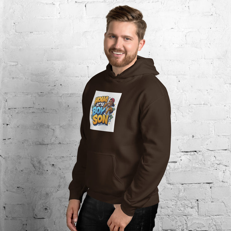 Dark brown unisex hoodie with hood, front pouch pocket, and chest graphic print.