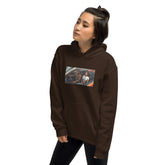 Dark brown unisex pullover hoodie with hood, kangaroo pocket, and chest graphic