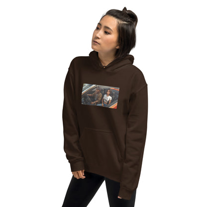 Unisex dark chocolate hoodie with front pouch pocket and rectangular chest graphic