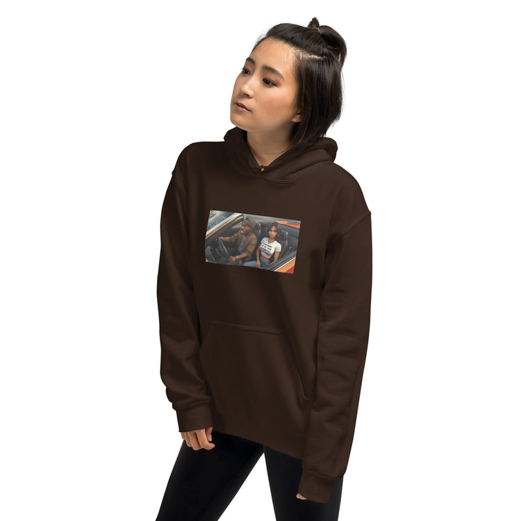 Dark brown unisex pullover hoodie with hood, kangaroo pocket, and chest graphic