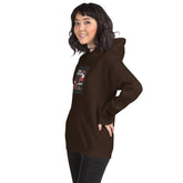Unisex pullover hoodie, dark maroon, front graphic and hood with drawstrings