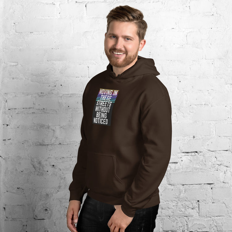 Unisex dark brown pullover hoodie with hood and front graphic, kangaroo pocket