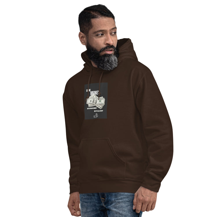 Unisex pullover hoodie in dark brown with hood, front pocket, and chest graphic print.