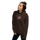 Dark chocolate unisex hoodie with front pocket and circular chest graphic