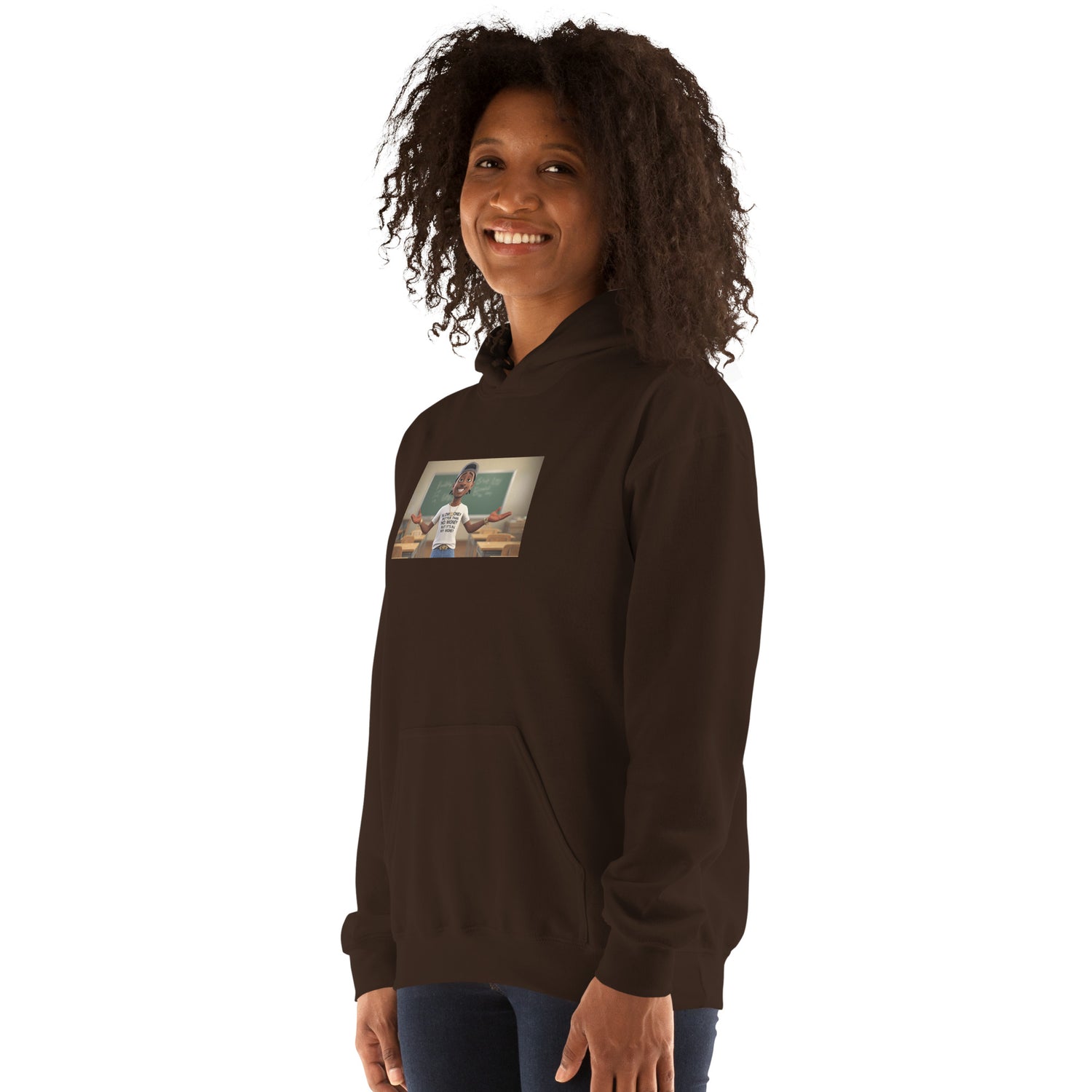 Unisex dark brown hoodie with hood, kangaroo pocket, and chest graphic