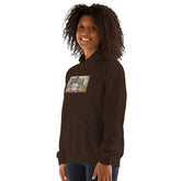 Unisex dark brown hoodie with hood, kangaroo pocket, and chest graphic