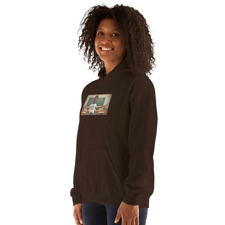 Unisex dark brown hoodie with hood, kangaroo pocket, and chest graphic