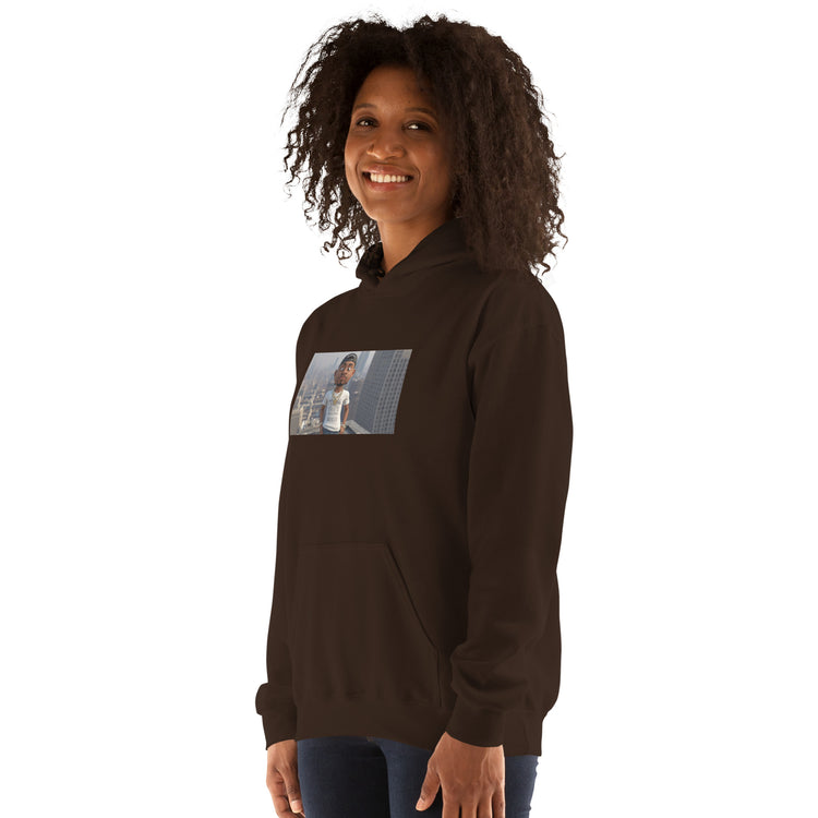 Dark brown unisex hoodie with hood and chest graphic, front three-quarter view.