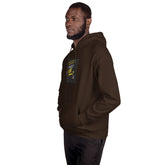 Olive-brown unisex pullover hoodie with hood, side graphic patch, long sleeves