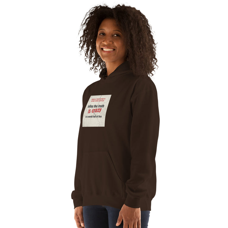 Dark hoodie with chest graphic patch and kangaroo pocket, pullover hooded design