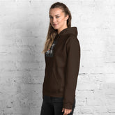 Unisex dark brown hoodie with hood and sleeve graphic detail