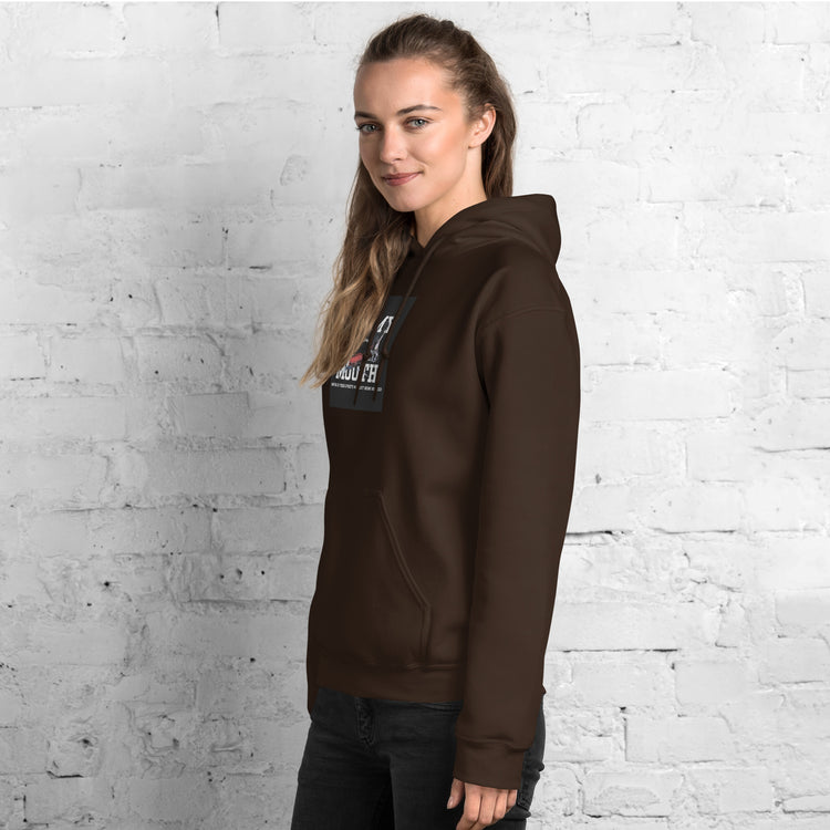 Unisex dark brown hoodie with hood and sleeve graphic detail