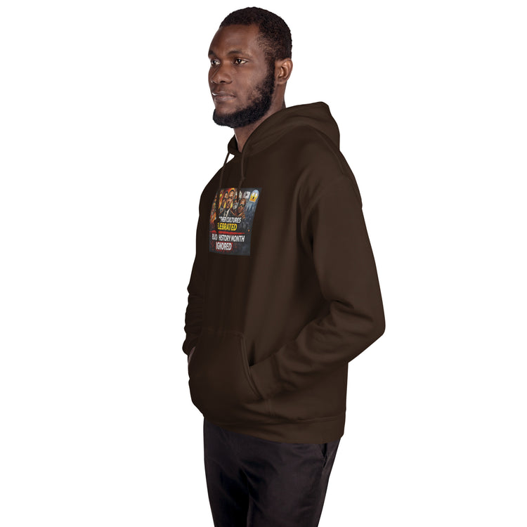 Dark brown unisex hoodie side view with front graphic patch