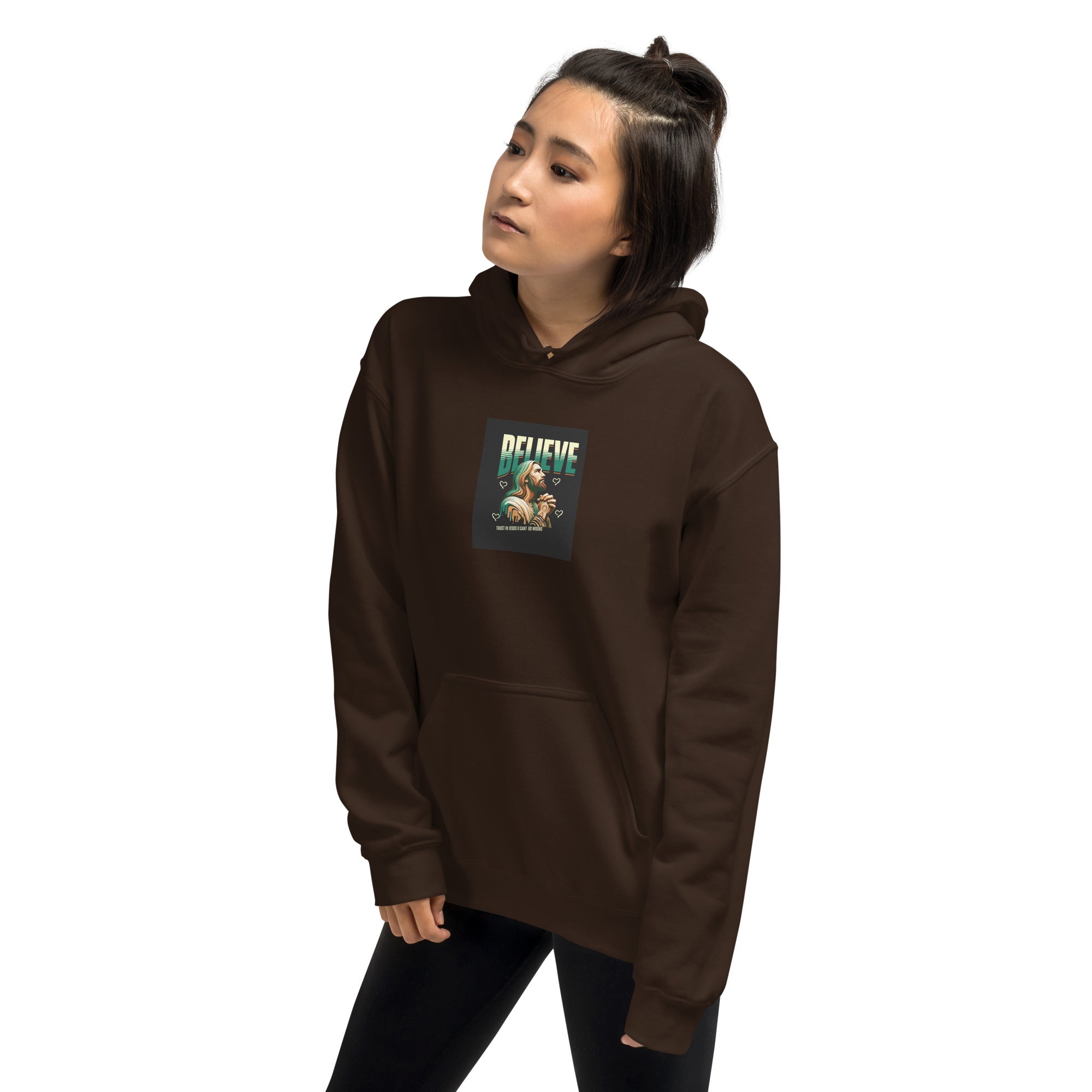 Dark chocolate unisex hoodie with chest graphic and front pocket