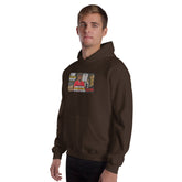Dark chocolate unisex hoodie with hood, kangaroo pocket, and chest graphic print