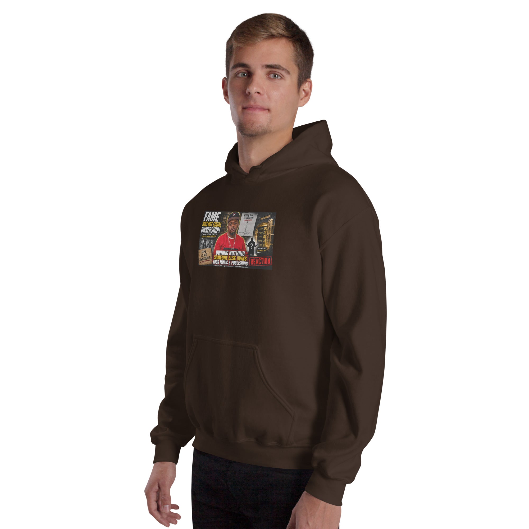 Dark chocolate unisex hoodie with hood, kangaroo pocket, and chest graphic print