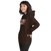 Dark brown pullover hoodie with front graphic print, kangaroo pocket, and drawstring hood.