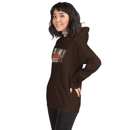 Dark brown pullover hoodie with front graphic print, kangaroo pocket, and drawstring hood.