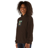 Black hoodie with printed chest graphic and hood, front quarter view