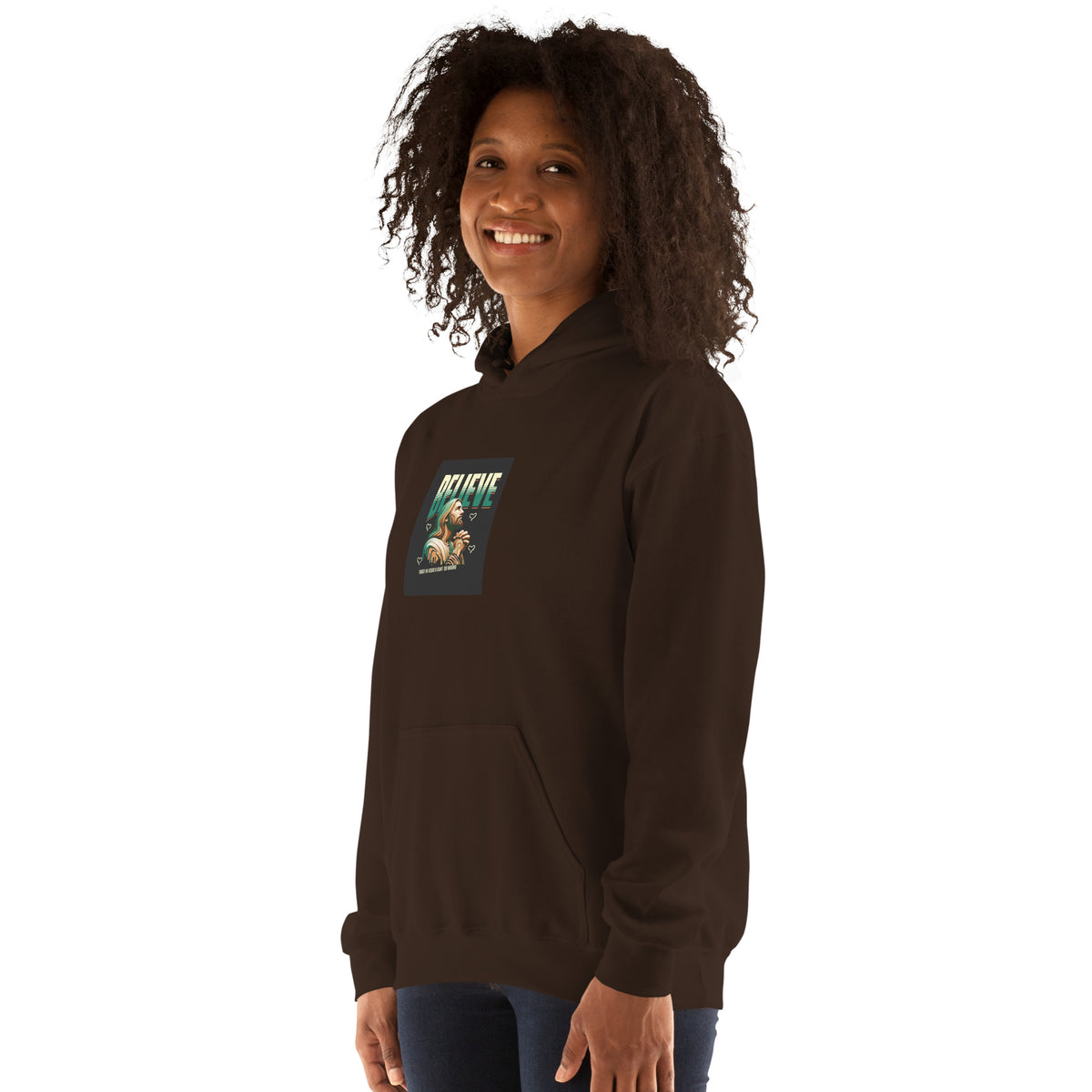 Black hoodie with printed chest graphic and hood, front quarter view