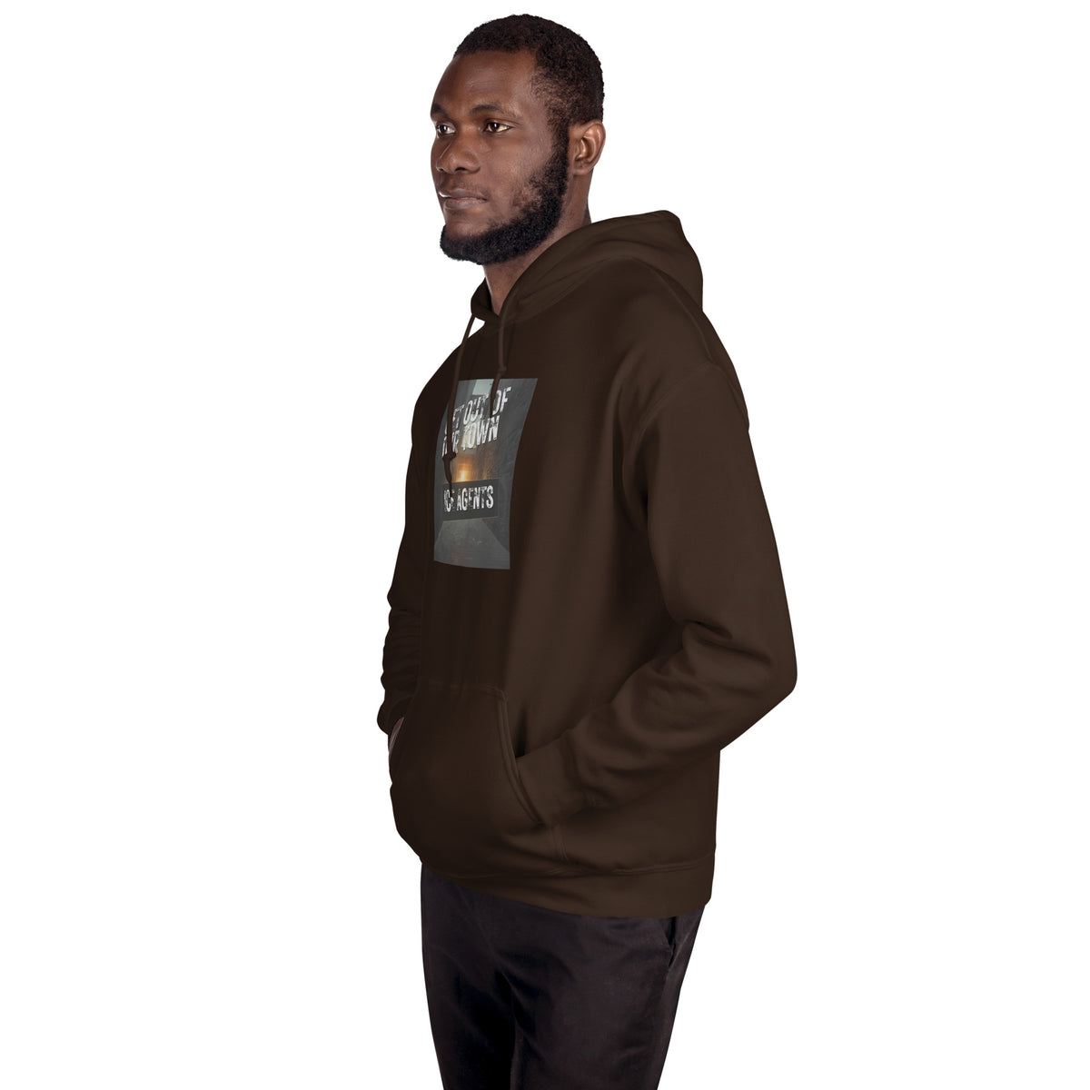 Dark brown pullover hoodie with hood and kangaroo pocket, front graphic print
