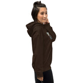 Dark brown unisex pullover hoodie with hood, kangaroo pocket, and chest graphic