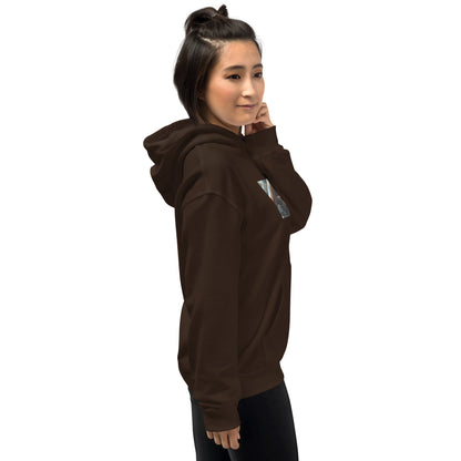 Unisex dark chocolate hoodie side view with hood up and small graphic on sleeve