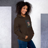 Unisex dark brown pullover hoodie with hood, kangaroo pocket, and front graphic patch (front view)