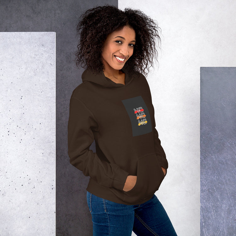 Unisex dark brown pullover hoodie with hood, kangaroo pocket, and front graphic patch (front view)