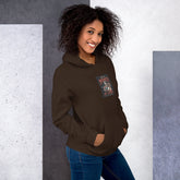 Unisex dark brown hoodie with front graphic patch and kangaroo pocket