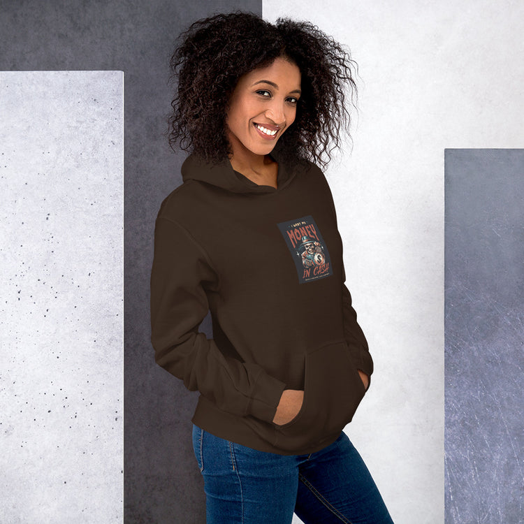 Unisex dark brown hoodie with front graphic patch and kangaroo pocket