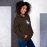 Unisex pullover hoodie, dark brown, hooded with front pocket and white hand graphic square