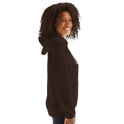 Unisex dark brown hoodie with hood and kangaroo pocket, back/side view