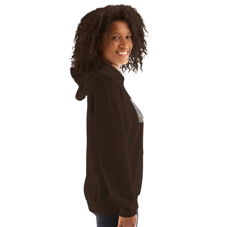 Dark brown unisex hoodie with hood and front pouch pocket, side view.