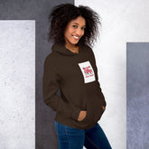 Dark brown unisex hoodie with hood, front pocket, and square chest graphic patch